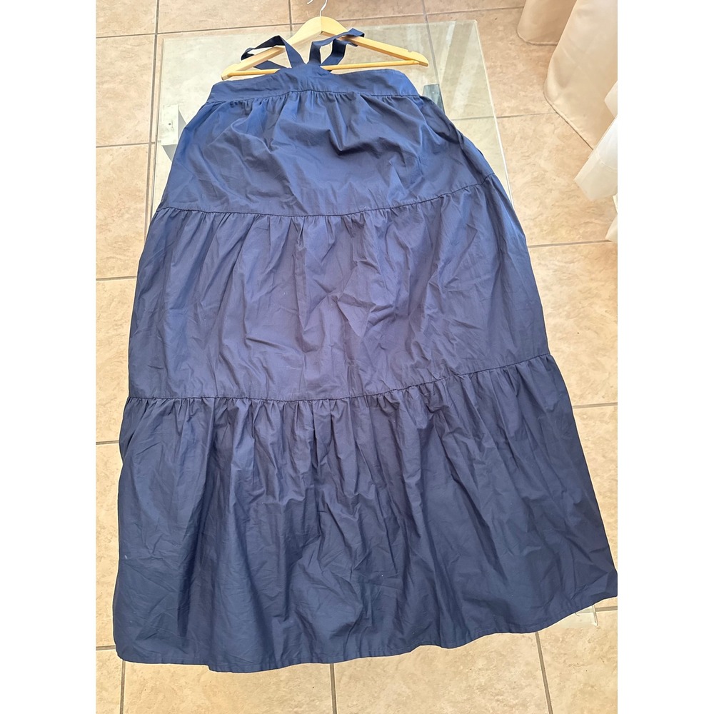 En Saison Maxi Dress Women Large Navy Blue Tiered Halter Cross Back Cotton